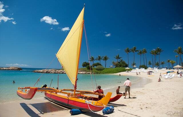 A Hawaiian sailing canoe along one of the sheltered Ko Olina lagoons on Oahu.