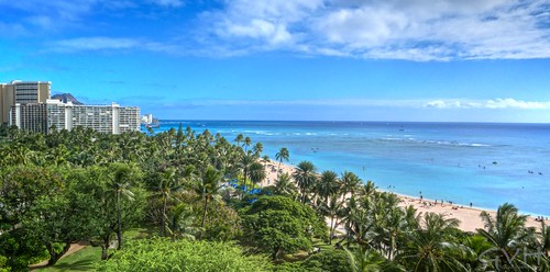 View of Fort DeRussy Beach Park and Waikiki from Hilton Hawaiian Village Ali'i tower